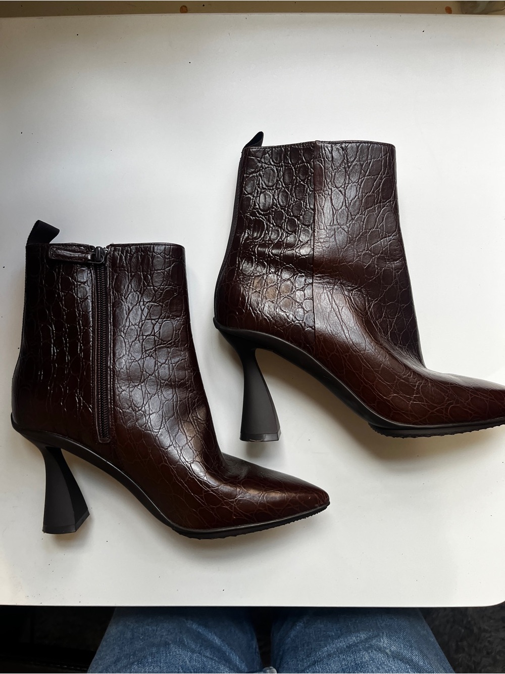 Cole Haan Croc-Embossed Pointed Toe Ankle Boots in Dark Brown